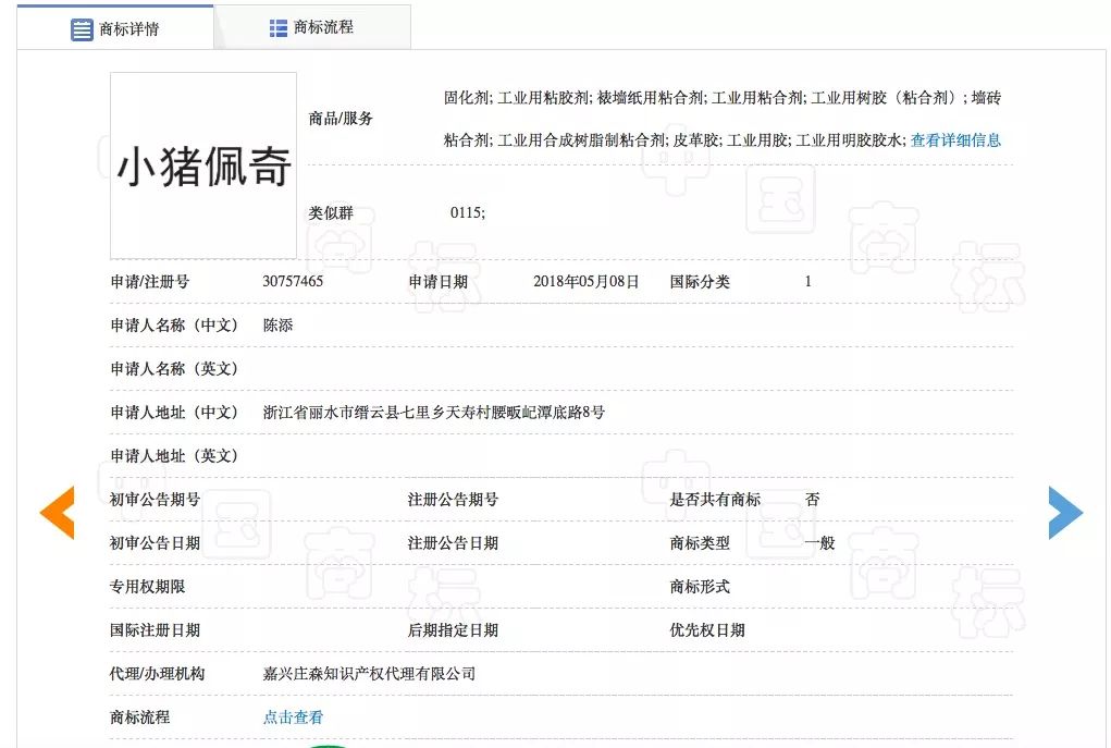 ▲一则以小猪佩奇为名的商标注册信息。图片来源：中国商标网。